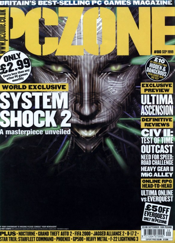Cover for PC Zone issue 80, September 1999. System Shock 2 world exclusive review.